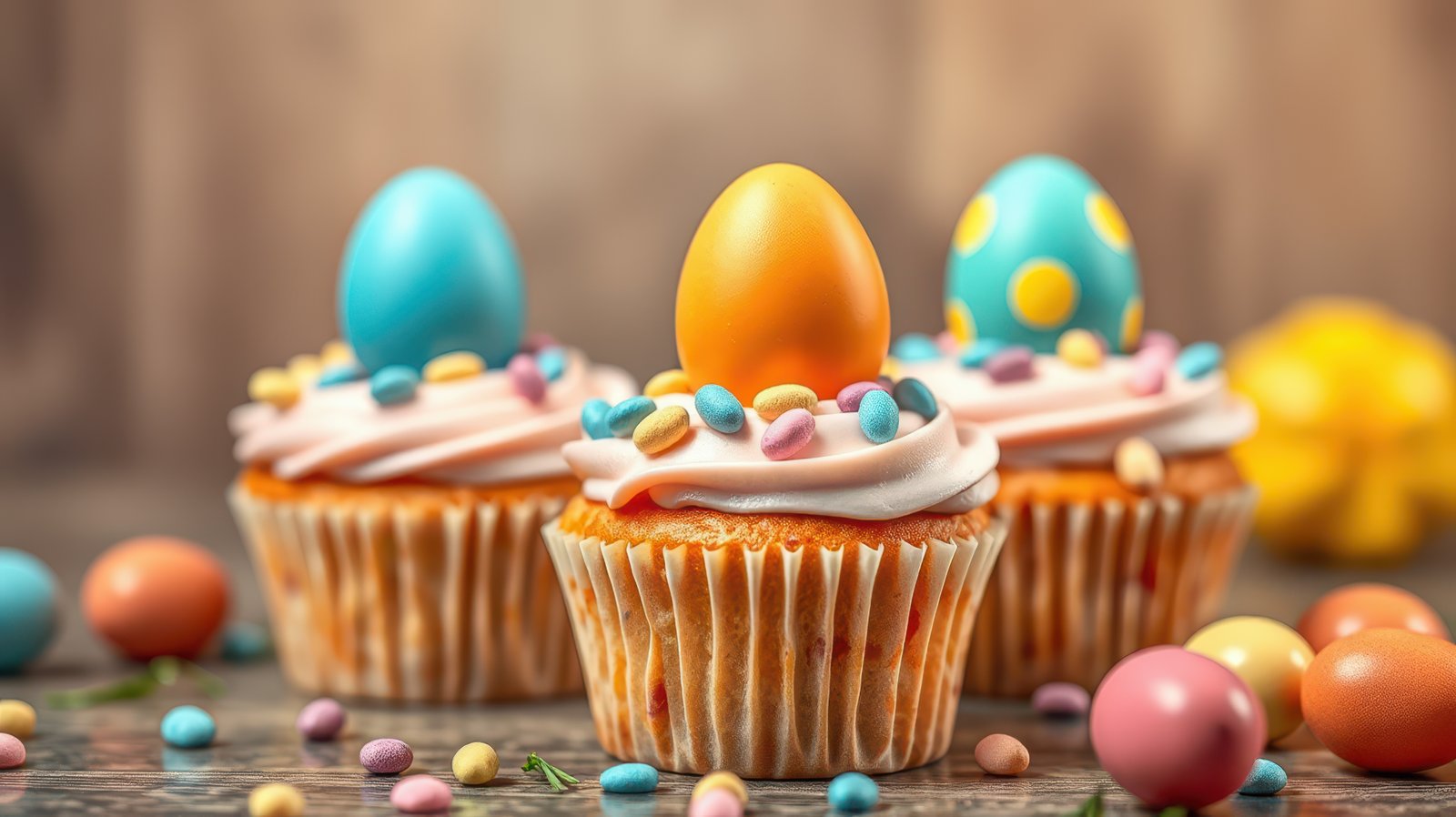 Colorful Easter cupcakes decorated with pastel eggs and candy showcase spring festivities